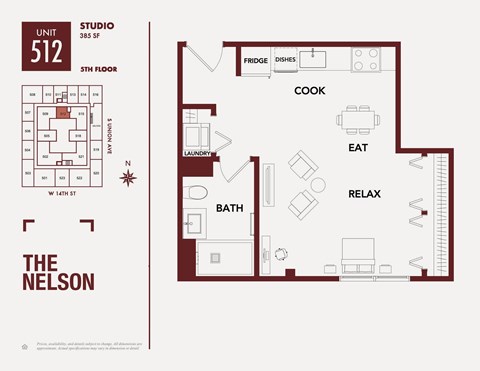 A floor plan of a studio apartment with a studio, laundry, and bath.